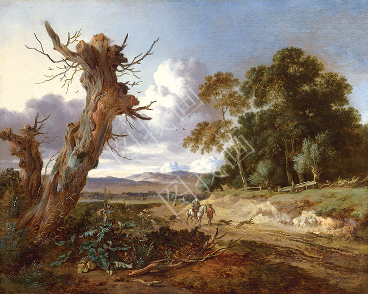 A Landscape with Two Dead Trees, and Two Sportsmen with Dogs on a Sandy Road